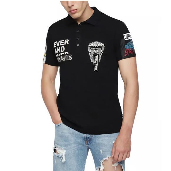 Diesel  men's Patchwork polo shirt Large Black Cotton Streetwear Logo Punk Edgy - Picture 1 of 13